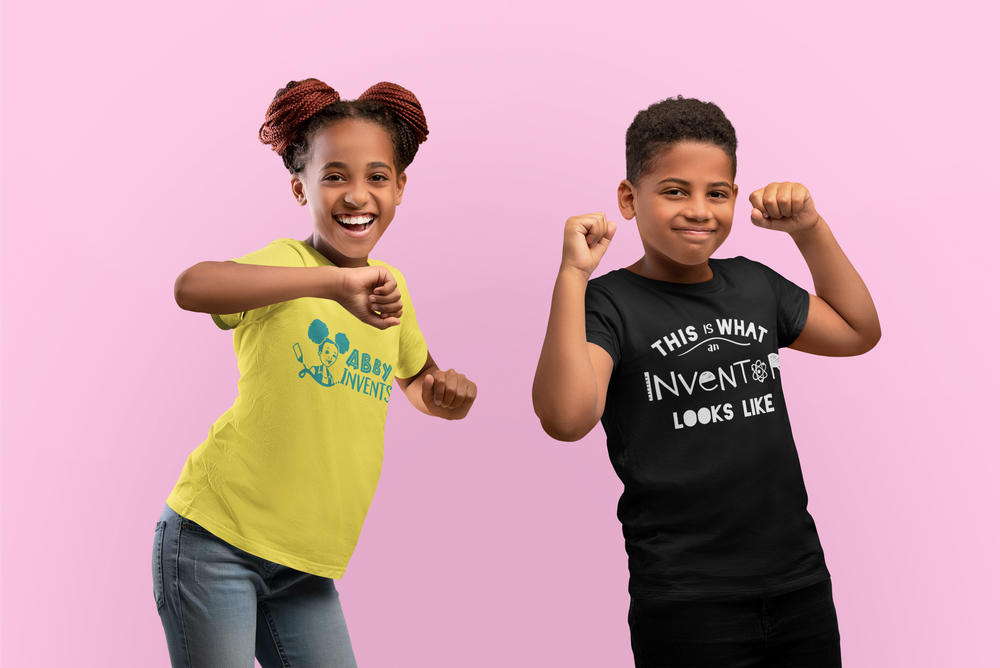 Kids wearing Abby Invents shirts - SeeSoar Kids - Kids STEM Books & Programs